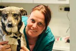 Hund auf Untersuchungstisch, Frau daneben in grüner Kleidung, lächelt, Gesundheitsumfeld.