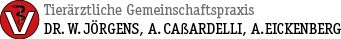 Rot-weißes Logo mit V und Tierarztzeichen, Text: Tierärztliche Gemeinschaftspraxis, Dr. W. Jörgens, A. Casardelli, A. Eickenberg.