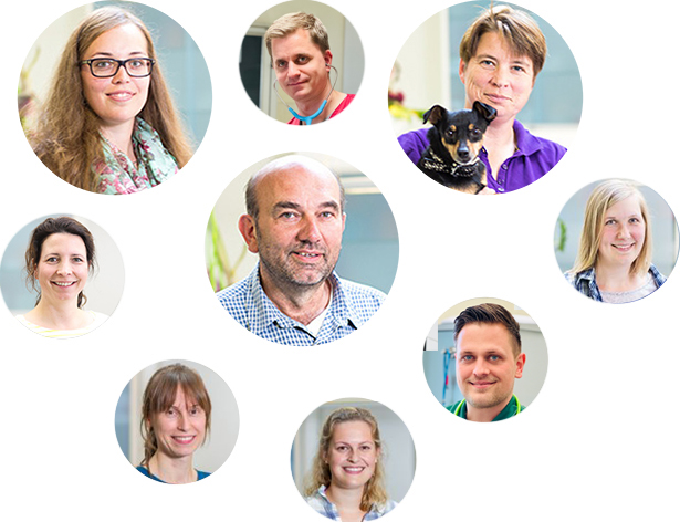 Collage mit neun Personen, teils lächelnd, mittig eine Person im Vordergrund; eine Person hält Hund, diverse Frisuren und Kleidung.